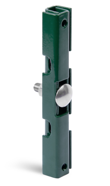 Mattenverbinder für Doppelstab-Gittermatten, Material: Stahl roh, Oberfläche: feuerverzinkt, grün kunststoffbeschichtet RAL 6005, Artikelbeschreibung: vormontiert, Ausführung: zweiteilig, Länge: 140 mm, Breite: 18 mm, Höhe: 15,5 mm, Schraube: M8, Schraubenlänge: 30 mm, 15 Jahre Garantie gegen Durchrosten