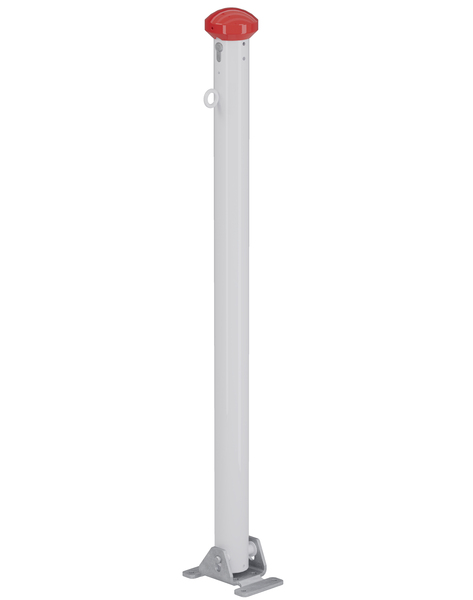 Bollard Grünenthal, foldable, Material: raw steel, Surface: hot-dip galvanised, white powder-coated with two red, reflecting rings, for screwing on, master keyed profile cylinder lock with three keys, Post dia.: 60 mm, Height above ground: 1000 mm, Plate length: 160 mm, Plate width: 100 mm, No. of holes: 4, Hole: Ø9 mm