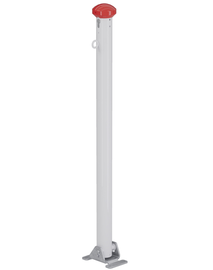 Absperrpfosten Grünenthal, umlegbar, Material: Stahl roh, Oberfläche: feuerverzinkt, weiß kunststoffbeschichtet mit zwei roten, reflektierenden Ringen, zum Aufschrauben, gleichschließendes Profilzylinderschloss mit drei Schlüsseln, Pfosten-Ø: 60 mm, Höhe über Boden: 1000 mm, Plattenlänge: 160 mm, Plattenbreite: 100 mm, Anzahl Löcher: 4, Loch: Ø9 mm