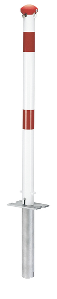 Absperrpfosten Grünenthal, umlegbar, Material: Stahl roh, Oberfläche: feuerverzinkt, weiß kunststoffbeschichtet mit zwei roten, reflektierenden Ringen, zum Einbetonieren, gleichschließendes Profilzylinderschloss mit drei Schlüsseln, Pfosten-Ø: 60 mm, Höhe über Boden: 1000 mm, Plattenlänge: 160 mm, Plattenbreite: 100 mm, Bodenhülsen-Ø: 60 mm, Länge Bodenhülse: 400 mm, Anzahl Löcher: 4, Loch: Ø9 mm