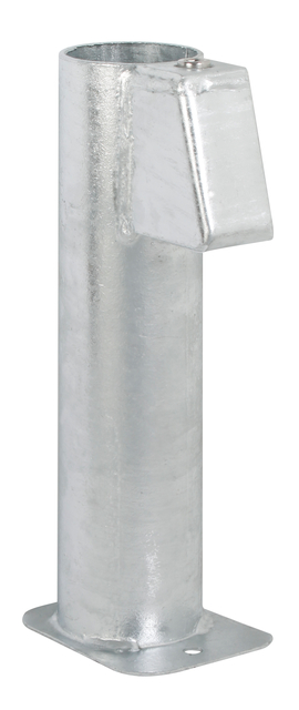 Ground sleeve for sign posts, with mounted clamp jaw, Material: raw steel, Surface: hot-dip galvanised, Length: 500 mm, Plate: 112 x 87 mm, For tube-Ø: 76 mm, No. of holes: 1, Hole: Ø10 mm