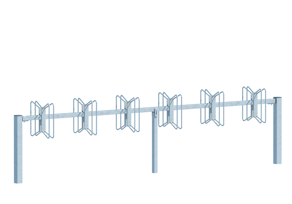Fahrradständer Hagen, Reihenanlage, Material: Stahl roh, Oberfläche: feuerverzinkt passiviert, Grundelement mit Pfosten, Haltebügel doppelseitig, zum Einbetonieren, Gesamtlänge mit Pfosten: 3120 mm, Gesamtlänge ohne Pfosten: 3000 mm, Abstand Mitte - Mitte Halter: 500 mm, Rahmenstärke: 40 x 40 mm, Loch: Ø10 mm