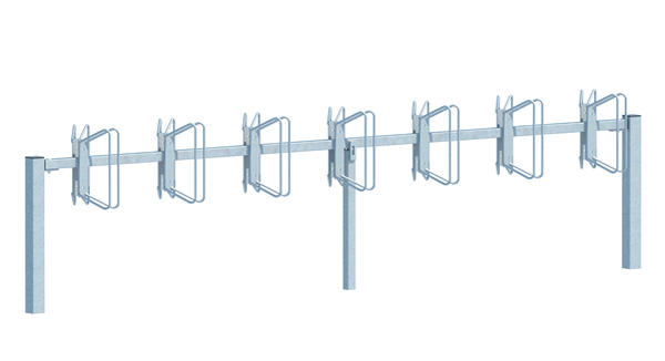 Fahrradständer Hagen, Reihenanlage, Material: Stahl roh, Oberfläche: feuerverzinkt passiviert, Grundelement mit Pfosten, Haltebügel doppelseitig, zum Einbetonieren, Gesamtlänge mit Pfosten: 3120 mm, Gesamtlänge ohne Pfosten: 3000 mm, Abstand Mitte - Mitte Halter: 434 mm, Rahmenstärke: 40 x 40 mm, Loch: Ø10 mm