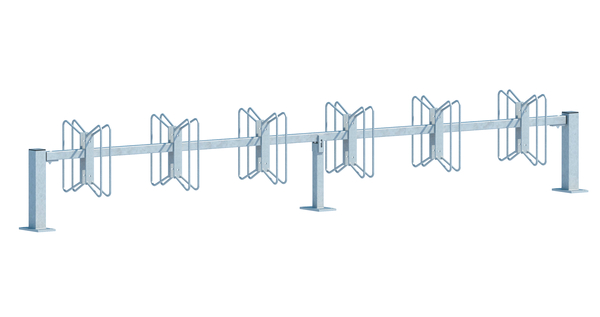 Fahrradständer Hagen, Reihenanlage, Material: Stahl roh, Oberfläche: feuerverzinkt passiviert, Grundelement mit Pfosten, Haltebügel doppelseitig, zum Aufschrauben, Gesamtlänge mit Pfosten: 3120 mm, Gesamtlänge ohne Pfosten: 3000 mm, Abstand Mitte - Mitte Halter: 500 mm, Rahmenstärke: 40 x 40 mm, Loch: Ø10 mm