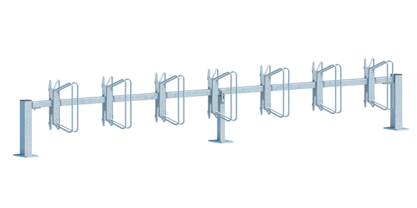 Fahrradständer Hagen, Reihenanlage, Material: Stahl roh, Oberfläche: feuerverzinkt passiviert, Grundelement mit Pfosten, Haltebügel doppelseitig, zum Aufschrauben, Gesamtlänge mit Pfosten: 3120 mm, Gesamtlänge ohne Pfosten: 3000 mm, Abstand Mitte - Mitte Halter: 434 mm, Rahmenstärke: 40 x 40 mm, Loch: Ø10 mm