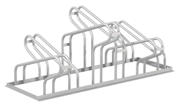 Fahrradständer City, freistehend, Material: Stahl roh, Oberfläche: feuerverzinkt passiviert, Haltebügel doppelseitig, Länge: 1050 mm, Abstand Mitte - Mitte Halter: 350 mm, Gesamtbreite: 489 mm, Gesamthöhe: 412 mm, Rahmenstärke: 25 x 25 mm