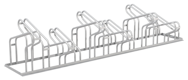 Fahrradständer City, freistehend, Material: Stahl roh, Oberfläche: feuerverzinkt passiviert, Haltebügel doppelseitig, Länge: 2100 mm, Abstand Mitte - Mitte Halter: 350 mm, Gesamtbreite: 489 mm, Gesamthöhe: 412 mm, Rahmenstärke: 25 x 25 mm