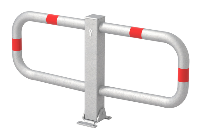 Parkplatzbügel Stoppy I, umlegbar, Material: Stahl roh, Oberfläche: feuerverzinkt passiviert mit vier roten, reflektierenden Ringen, zum Aufschrauben, gleichschließendes Profilzylinderschloss mit drei Schlüsseln, Pfosten: 70 x 70 mm, Bügel-Ø: 48 mm, Höhe über Boden: 450 mm, Breite: 950 mm, Anzahl Löcher: 4, Loch: Ø9 mm