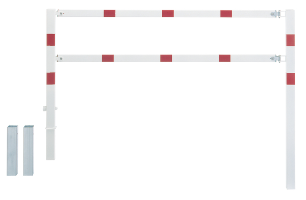 Absperrgitter Moovy, Material: Stahl roh, Oberfläche: feuerverzinkt, weiß kunststoffbeschichtet mit roten, reflektierenden Ringen, zum Einbetonieren, Breite: 1000 mm, Höhe über Boden: 1000 mm, Gesamtlänge Pfosten: 1500 mm, Traverse: 60 x 40 mm