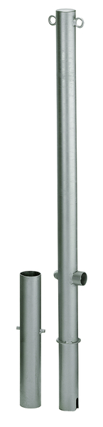 Bollard Passau, round, removable, Material: raw steel, Surface: hot-dip galvanised passivated, for setting in concrete, triangle lock without triangular key, Post dia.: 76 mm, Height above ground: 1000 mm, Total length of post: 1200 mm, Ground sleeve dia.: 65 mm, Length of ground sleeve: 400 mm