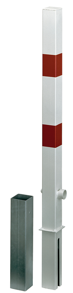 Absperrpfosten Passau, eckig, herausnehmbar, Material: Stahl roh, Oberfläche: feuerverzinkt, weiß kunststoffbeschichtet mit zwei roten, reflektierenden Ringen, zum Einbetonieren, Dreikantschloss ohne Dreikantschlüssel, Pfosten: 70 x 70 mm, Höhe über Boden: 1000 mm, Gesamtlänge Pfosten: 1200 mm, Bodenhülse: 80 x 80 mm, Länge Bodenhülse: 400 mm