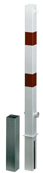 Absperrpfosten Passau, eckig, herausnehmbar, Material: Stahl roh, Oberfläche: feuerverzinkt, weiß kunststoffbeschichtet mit zwei roten, reflektierenden Ringen, zum Einbetonieren, Dreikantschloss ohne Dreikantschlüssel, Pfosten: 70 x 70 mm, Höhe über Boden: 1000 mm, Gesamtlänge Pfosten: 1200 mm, Bodenhülse: 80 x 80 mm, Länge Bodenhülse: 400 mm