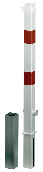 Absperrpfosten Passau, eckig, herausnehmbar, Material: Stahl roh, Oberfläche: feuerverzinkt, weiß kunststoffbeschichtet mit zwei roten, reflektierenden Ringen, zum Einbetonieren, Dreikantschloss ohne Dreikantschlüssel, Pfosten: 70 x 70 mm, Höhe über Boden: 1000 mm, Gesamtlänge Pfosten: 1200 mm, Bodenhülse: 80 x 80 mm, Länge Bodenhülse: 400 mm
