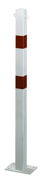 Bollard standard SK, angular, Material: raw steel, Surface: hot-dip galvanised, white powder-coated with two red, reflecting rings, for screwing on, Post: 70 x 70 mm, Height above ground: 1000 mm, Plate: 120 x 120 mm, No. of holes: 4, Hole: Ø13 mm