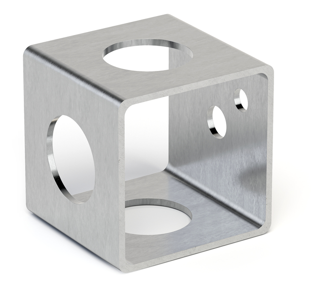 Befestigungswürfel, Material: Stahl roh, Oberfläche: galvanisch verzinkt, Dickschichtschutz, Höhe: 40 mm, Breite: 40 mm, Tiefe: 40 mm, Artikelbeschreibung: ohne Display für Nachbestellungen, Materialstärke: 2,00 mm, Anzahl Löcher: 3 / 1 / 1, Loch: Ø21 / Ø7,5 / Ø5 mm, 10 Jahre Garantie gegen Durchrosten