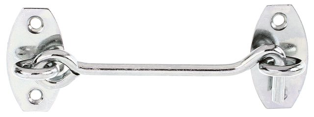 Crochet contrevent, avec œillets sur les platines, avec trous de vis fraisés, Matériau: Acier brut, Finition: galvanisées, passivée, à visser, Contenu par UV: 1 Pièce, Distance centre - centre de l'œillet: 100 mm, Ø crochet: 5,2 mm, Nombre de trous: 4, Trou: Ø4 mm, Emballé SB