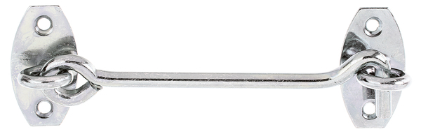 Hak okienny, na płytce z uszkiem, z wpuszczonymi otworami na śruby, materiał: stal surowa, powierzchnia: ocynkowana galwanicznie, pasywowana grubowarstwowo, do przykręcenia, Zawartość J.sp.: 1 szt., Odstęp środek - oczko środkowe: 120 mm, Średnica skobla: 5,8 mm, Ilość otworów: 4, Otwór: Ø4 mm, Opakowanie do sklepów samoobsługowych