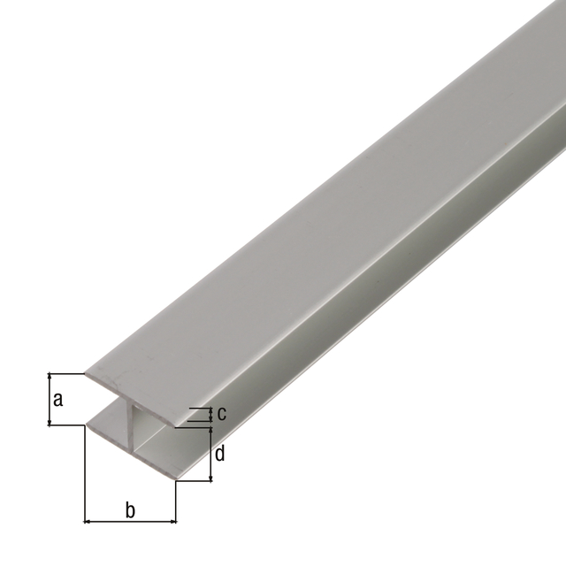 Perfil en H, modelo a autopresión, Material: Aluminio, Superficie: anodizado plateado, Anchura: 8,9 mm, Altura: 20 mm, Espesura del material: 1,5 mm, Anchura de apertura: 5,9 mm, Longitud: 1000 mm Perfil en H, modelo a autopresión, Material: Aluminio, Superficie: anodizado plateado, Anchura: 8,9 mm, Altura: 20 mm, Espesura del material: 1,5 mm, Anchura de apertura: 5,9 mm, Longitud: 1000 mm