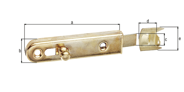 Furniture bolt with knob handle, with countersunk screw holes, Material: raw steel, Surface: brass-plated, type: straight, with stop angle, Length: 70 mm, Width: 16 mm, Slide width: 9 mm, Loop width: 13.5 mm, Loop length: 17 mm, No. of holes: 2, Hole: Ø4.4 mm Furniture bolt with knob handle, with countersunk screw holes, Material: raw steel, Surface: brass-plated, type: straight, with stop angle, Length: 70 mm, Width: 16 mm, Slide width: 9 mm, Loop width: 13.5 mm, Loop length: 17 mm, No. of holes: 2, Hole: Ø4.4 mm