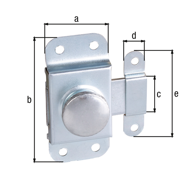 Verrou bouton, Matériau: Acier brut, Finition: zinguée, avec gâche attachée, Longueur de platine: 30 mm, Largeur de platine: 69 mm, Largeur de pêne: 19 mm, Largeur de gâche: 12 mm, Longueur de gâche: 55 mm, Longueur d'extension: 17 mm, Nombre de trous: 6, Trou: Ø4,5 mm Verrou bouton, Matériau: Acier brut, Finition: zinguée, avec gâche attachée, Longueur de platine: 30 mm, Largeur de platine: 69 mm, Largeur de pêne: 19 mm, Largeur de gâche: 12 mm, Longueur de gâche: 55 mm, Longueur d'extension: 17 mm, Nombre de trous: 6, Trou: Ø4,5 mm