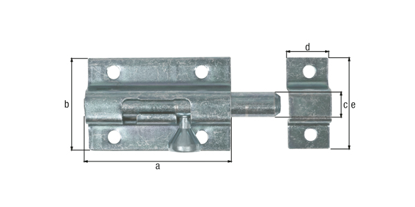 Bolzenriegel mit Knopfgriff, Material: Stahl roh, Oberfläche: galvanisch gelb verzinkt, mit befestigter Schlaufe, Plattenlänge: 50 mm, Plattenbreite: 33 mm, Bolzen-Ø: 9 mm, Schlaufenbreite: 15 mm, Schlaufenlänge: 33 mm, Gesamtlänge: 70 mm, Ausschub: 17 mm, Anzahl Löcher: 6, Loch: Ø4,5 mm Bolzenriegel mit Knopfgriff, Material: Stahl roh, Oberfläche: galvanisch gelb verzinkt, mit befestigter Schlaufe, Plattenlänge: 50 mm, Plattenbreite: 33 mm, Bolzen-Ø: 9 mm, Schlaufenbreite: 15 mm, Schlaufenlänge: 33 mm, Gesamtlänge: 70 mm, Ausschub: 17 mm, Anzahl Löcher: 6, Loch: Ø4,5 mm