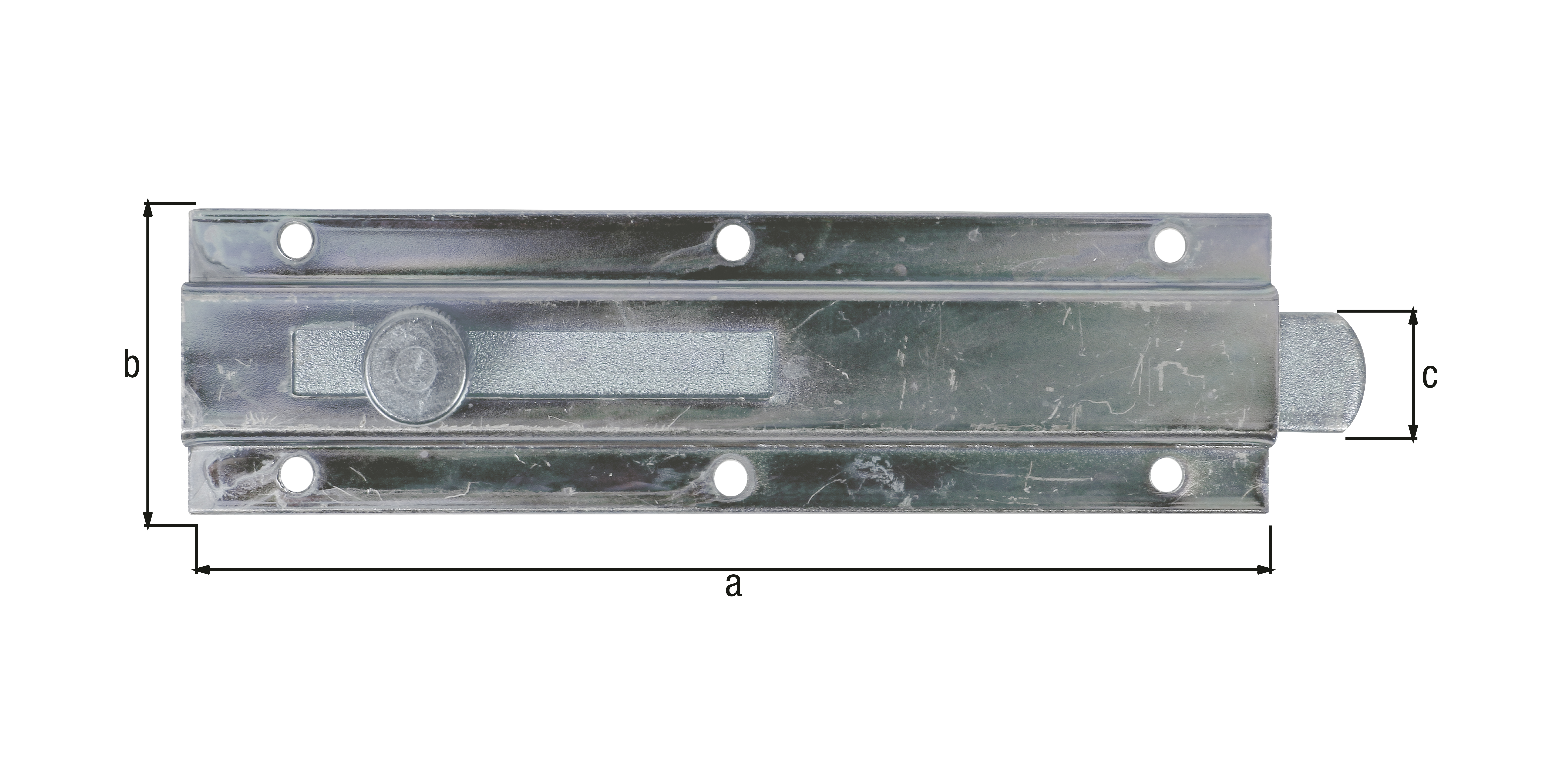 Verrou de porte avec poignée bouton, Matériau: Acier brut, Finition: galvanisée bichromatée, sans gâche, Longueur: 150 mm, Largeur: 40 mm, Largeur de pêne: 16 mm, Longueur d'extension: 56 mm, Nombre de trous: 6, Trou: Ø4,5 mm Verrou de porte avec poignée bouton, Matériau: Acier brut, Finition: galvanisée bichromatée, sans gâche, Longueur: 150 mm, Largeur: 40 mm, Largeur de pêne: 16 mm, Longueur d'extension: 56 mm, Nombre de trous: 6, Trou: Ø4,5 mm