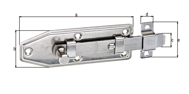 Fensterriegel mit Knopfgriff, mit versenkten Schraublöchern, Material: Edelstahl, Ausführung: gerade, mit befestigter Schlaufe, Plattenlänge: 100 mm, Plattenbreite: 35 mm, Schieberbreite: 12 mm, Schlaufenbreite: 12 mm, Schlaufenlänge: 35 mm, Anzahl Löcher: 7, Loch: Ø3,8 mm Fensterriegel mit Knopfgriff, mit versenkten Schraublöchern, Material: Edelstahl, Ausführung: gerade, mit befestigter Schlaufe, Plattenlänge: 100 mm, Plattenbreite: 35 mm, Schieberbreite: 12 mm, Schlaufenbreite: 12 mm, Schlaufenlänge: 35 mm, Anzahl Löcher: 7, Loch: Ø3,8 mm