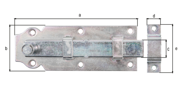 Türriegel mit Knopfgriff, mit versenkten Schraublöchern, Material: Stahl roh, Oberfläche: galvanisch verzinkt, Dickschichtschutz, Ausführung: gerade, mit befestigter Schlaufe, Plattenlänge: 140 mm, Plattenbreite: 52 mm, Schieberbreite: 20 mm, Schließblechbreite: 16 mm, Schließblechlänge: 55 mm, Anzahl Löcher: 6 / 2, Loch: Ø5 / Ø4,5 mm