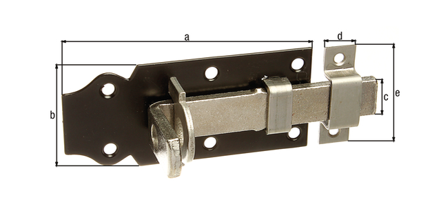 Lock bolt with flat handle, with countersunk screw holes, Material: raw steel, Surface: blue galvanised, plate black painted, type: straight, with attached staple, Plate length: 100 mm, Plate width: 44 mm, Slide width: 16 mm, Loop width: 13 mm, Loop length: 45 mm, No. of holes: 6 / 2, Hole: Ø5 / Ø4 mm Lock bolt with flat handle, with countersunk screw holes, Material: raw steel, Surface: blue galvanised, plate black painted, type: straight, with attached staple, Plate length: 100 mm, Plate width: 44 mm, Slide width: 16 mm, Loop width: 13 mm, Loop length: 45 mm, No. of holes: 6 / 2, Hole: Ø5 / Ø4 mm