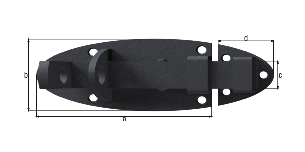 Ovado Lock bolt with flat handle, with countersunk screw holes, Material: steel, Surface: galvanised, graphite grey powder-coated, Plate length: 90 mm, Plate width: 44 mm, Slide width: 16 mm, Loop length: 27 mm, No. of holes: 4 / 3, Hole: Ø5.5 / Ø4 mm Ovado Lock bolt with flat handle, with countersunk screw holes, Material: steel, Surface: galvanised, graphite grey powder-coated, Plate length: 90 mm, Plate width: 44 mm, Slide width: 16 mm, Loop length: 27 mm, No. of holes: 4 / 3, Hole: Ø5.5 / Ø4 mm