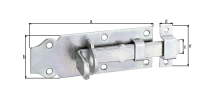 Lock bolt with flat handle, with countersunk screw holes, Material: raw steel, Surface: galvanised, thick-film passivated, type: straight, with attached staple, Plate length: 100 mm, Plate width: 44 mm, Slide width: 16 mm, Width of locking plate: 13 mm, Length of locking plate: 45 mm, No. of holes: 6 / 2, Hole: Ø5 / Ø4 mm Lock bolt with flat handle, with countersunk screw holes, Material: raw steel, Surface: galvanised, thick-film passivated, type: straight, with attached staple, Plate length: 100 mm, Plate width: 44 mm, Slide width: 16 mm, Width of locking plate: 13 mm, Length of locking plate: 45 mm, No. of holes: 6 / 2, Hole: Ø5 / Ø4 mm