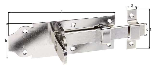Verrou porte-cadenas avec poignée large, avec trous de vis fraisés, Matériau: Acier inoxydable, modèle : droit, avec gâche attachée, Longueur de platine: 140 mm, Largeur de platine: 52 mm, Largeur de pêne: 20 mm, Largeur de la gâche: 16 mm, Longueur de la gâche: 55 mm, Nombre de trous: 6 / 2, Trou: Ø5 / Ø4,5 mm