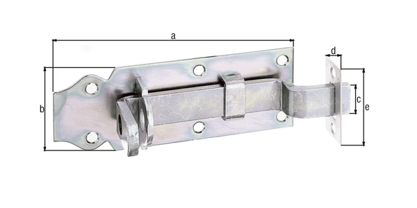 Verrou porte-cadenas avec poignée large, avec trous de vis fraisés, Matériau: Acier brut, Finition: galvanisée passivée, modèle : coudé, avec gâche plate attachée, Longueur de platine: 120 mm, Largeur de platine: 44 mm, Largeur de pêne: 16 mm, Largeur de la gâche: 22 mm, Longueur de la gâche: 40 mm, Nombre de trous: 6 / 2, Trou: Ø5 / Ø4,7 mm