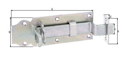 Verrou porte-cadenas avec poignée large, avec trous de vis fraisés, Matériau: Acier brut, Finition: galvanisée passivée, modèle : coudé, avec gâche plate attachée, Longueur de platine: 140 mm, Largeur de platine: 52 mm, Largeur de pêne: 20 mm, Largeur de la gâche: 20 mm, Longueur de la gâche: 47 mm, Nombre de trous: 6 / 2, Trou: Ø5 / Ø4,2 mm