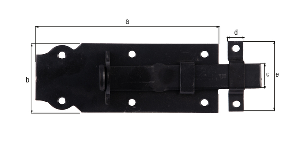 Lock bolt with flat handle, with countersunk screw holes, Material: raw steel, Surface: galvanised, black powder-coated, type: straight, with attached staple, Plate length: 120 mm, Plate width: 44 mm, Slide width: 16 mm, Width of locking plate: 13 mm, Length of locking plate: 45 mm, No. of holes: 6 / 2, Hole: Ø5 / Ø4 mm, 15-year warranty against rusting through Lock bolt with flat handle, with countersunk screw holes, Material: raw steel, Surface: galvanised, black powder-coated, type: straight, with attached staple, Plate length: 120 mm, Plate width: 44 mm, Slide width: 16 mm, Width of locking plate: 13 mm, Length of locking plate: 45 mm, No. of holes: 6 / 2, Hole: Ø5 / Ø4 mm, 15-year warranty against rusting through