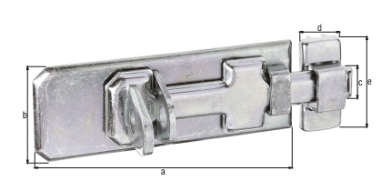 Security lock bolt with flat handle, with countersunk screw holes, Material: raw steel, Surface: galvanised, thick-film passivated, type: straight, with attached staple, Plate length: 80 mm, Plate width: 35 mm, Slide width: 13 mm, Loop width: 18 mm, Loop length: 41 mm, No. of holes: 6, Hole: Ø4.5 mm Security lock bolt with flat handle, with countersunk screw holes, Material: raw steel, Surface: galvanised, thick-film passivated, type: straight, with attached staple, Plate length: 80 mm, Plate width: 35 mm, Slide width: 13 mm, Loop width: 18 mm, Loop length: 41 mm, No. of holes: 6, Hole: Ø4.5 mm