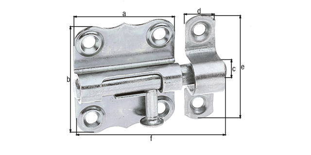 Pestillo con manilla botón, sin muelle, con agujeros para atornillar avellanados, Material: Acero crudo, Superficie: galvanizado, pasivado con capa gruesa, con cerradero fijado, Longitud de la pletina: 33 mm, Anchura de la pletina: 35 mm, Pernos-Ø: 7 mm, Anchura del cerradero: 10 mm, Longitud del pasador: 37 mm, Longitud total: 50 mm, Número de agujeros: 6, Perforación: Ø3,8 mm Pestillo con manilla botón, sin muelle, con agujeros para atornillar avellanados, Material: Acero crudo, Superficie: galvanizado, pasivado con capa gruesa, con cerradero fijado, Longitud de la pletina: 33 mm, Anchura de la pletina: 35 mm, Pernos-Ø: 7 mm, Anchura del cerradero: 10 mm, Longitud del pasador: 37 mm, Longitud total: 50 mm, Número de agujeros: 6, Perforación: Ø3,8 mm