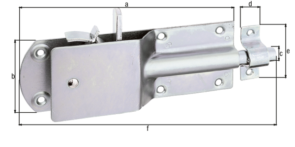 Security barn padlock bolt, with countersunk screw holes, Material: raw steel, Surface: galvanised, thick-film passivated, with attached staple, Plate length: 200 mm, Plate width: 70 mm, Bolt-Ø: 15 mm, Loop width: 20 mm, Loop length: 57 mm, Total length: 250 mm, No. of holes: 6 / 2, Hole: Ø5.5 / Ø5 mm Security barn padlock bolt, with countersunk screw holes, Material: raw steel, Surface: galvanised, thick-film passivated, with attached staple, Plate length: 200 mm, Plate width: 70 mm, Bolt-Ø: 15 mm, Loop width: 20 mm, Loop length: 57 mm, Total length: 250 mm, No. of holes: 6 / 2, Hole: Ø5.5 / Ø5 mm