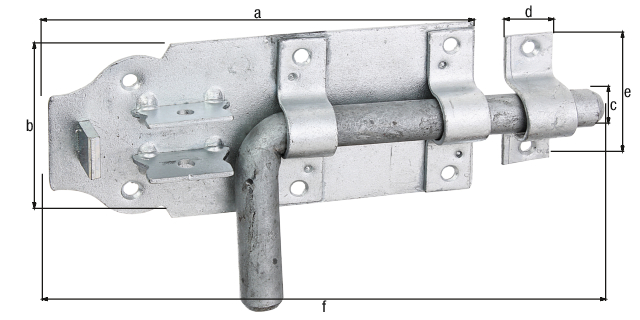 Bolt lock with round handle, with countersunk screw holes, Material: raw steel, Surface: hot-dip galvanised, with attached staple, Plate length: 160 mm, Plate width: 70 mm, Bolt-Ø: 16 mm, Loop width: 20 mm, Loop length: 58 mm, Total length: 210 mm, No. of holes: 6 / 2, Hole: Ø5.5 / Ø5 mm Bolt lock with round handle, with countersunk screw holes, Material: raw steel, Surface: hot-dip galvanised, with attached staple, Plate length: 160 mm, Plate width: 70 mm, Bolt-Ø: 16 mm, Loop width: 20 mm, Loop length: 58 mm, Total length: 210 mm, No. of holes: 6 / 2, Hole: Ø5.5 / Ø5 mm