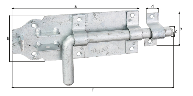 Verrou de box bouton, avec trous de vis fraisés, Matériau: Acier brut, Finition: galvanisée, avec gâche attachée, Longueur de platine: 180 mm, Largeur de platine: 70 mm, Boulon-Ø: 16 mm, Largeur de gâche: 20 mm, Longueur de gâche: 58 mm, Longueur totale: 230 mm, Longueur d'extension: 49 mm, Nombre de trous: 6 / 2, Trou: Ø5,5 / Ø5 mm
