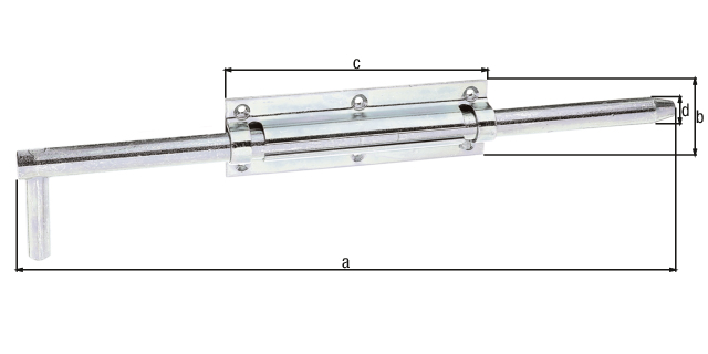 Tower drop bolt, with countersunk screw holes, Material: raw steel, Surface: galvanised, thick-film passivated, with attached staple, Length: 400 mm, Plate length: 160 mm, Plate width: 52 mm, Bolt-Ø: 18 mm, Loop width: 30 mm, Loop length: 57 mm, No. of holes: 8, Hole: Ø5 mm Tower drop bolt, with countersunk screw holes, Material: raw steel, Surface: galvanised, thick-film passivated, with attached staple, Length: 400 mm, Plate length: 160 mm, Plate width: 52 mm, Bolt-Ø: 18 mm, Loop width: 30 mm, Loop length: 57 mm, No. of holes: 8, Hole: Ø5 mm