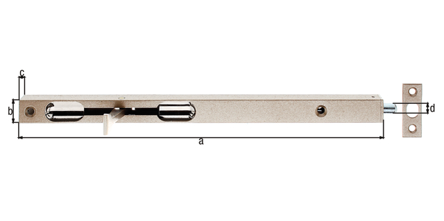 Flush bolt with lever, Material: raw steel, Surface: silver painted, with locking plate, Length: 200 mm, Width: 17 mm, Height: 15 mm, Bolt-Ø: 7.5 mm Flush bolt with lever, Material: raw steel, Surface: silver painted, with locking plate, Length: 200 mm, Width: 17 mm, Height: 15 mm, Bolt-Ø: 7.5 mm