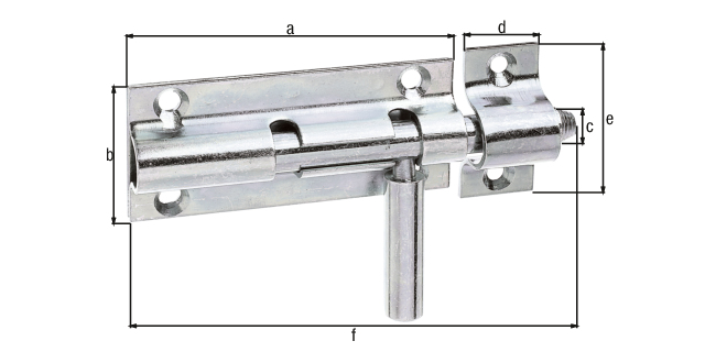 Bolzenriegel mit rundem Griff, mit versenkten Schraublöchern, Material: Stahl roh, Oberfläche: galvanisch verzinkt, Dickschichtschutz, mit befestigter Schlaufe, Plattenlänge: 80 mm, Plattenbreite: 36 mm, Bolzen-Ø: 10 mm, Schlaufenbreite: 20 mm, Schlaufenlänge: 41 mm, Gesamtlänge: 110 mm, Anzahl Löcher: 4 / 2, Loch: Ø5,5 / Ø4 mm Bolzenriegel mit rundem Griff, mit versenkten Schraublöchern, Material: Stahl roh, Oberfläche: galvanisch verzinkt, Dickschichtschutz, mit befestigter Schlaufe, Plattenlänge: 80 mm, Plattenbreite: 36 mm, Bolzen-Ø: 10 mm, Schlaufenbreite: 20 mm, Schlaufenlänge: 41 mm, Gesamtlänge: 110 mm, Anzahl Löcher: 4 / 2, Loch: Ø5,5 / Ø4 mm