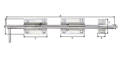 Tower drop bolt, with countersunk screw holes, Material: raw steel, Surface: galvanised, thick-film passivated, with attached staple, Length: 400 mm, Plate length: 90 mm, Plate width: 60 mm, Bolt-Ø: 16 mm, Loop width: 30 mm, Loop length: 57 mm, No. of holes: 8 / 2, Hole: Ø6.5 / Ø5 mm Tower drop bolt, with countersunk screw holes, Material: raw steel, Surface: galvanised, thick-film passivated, with attached staple, Length: 400 mm, Plate length: 90 mm, Plate width: 60 mm, Bolt-Ø: 16 mm, Loop width: 30 mm, Loop length: 57 mm, No. of holes: 8 / 2, Hole: Ø6.5 / Ø5 mm