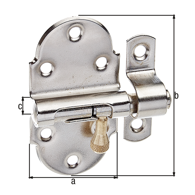 Pestillo con botón de latón, con muelle, con agujeros para atornillar avellanados, Material: Acero crudo, Superficie: niquelado, pulido, con cerradero fijado, Longitud de la pletina: 40 mm, Anchura de la pletina: 75 mm, Pernos-Ø: 9 mm, Anchura del cerradero: 13 mm, Longitud del pasador: 52 mm, Longitud total: 60 mm, Número de agujeros: 8, Perforación: Ø4,2 mm Pestillo con botón de latón, con muelle, con agujeros para atornillar avellanados, Material: Acero crudo, Superficie: niquelado, pulido, con cerradero fijado, Longitud de la pletina: 40 mm, Anchura de la pletina: 75 mm, Pernos-Ø: 9 mm, Anchura del cerradero: 13 mm, Longitud del pasador: 52 mm, Longitud total: 60 mm, Número de agujeros: 8, Perforación: Ø4,2 mm