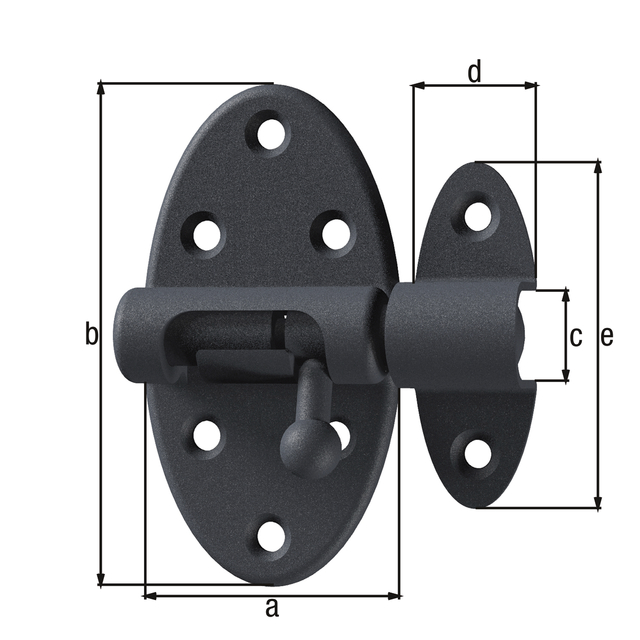 Ovado Barrel bolt with knob handle, with spring, with countersunk screw holes, Material: steel, Surface: galvanised, graphite grey powder-coated, Plate length: 40 mm, Plate width: 75 mm, Bolt-Ø: 9 mm, Loop width: 19 mm, Loop length: 51 mm, No. of holes: 8, Hole: Ø4.5 mm Ovado Barrel bolt with knob handle, with spring, with countersunk screw holes, Material: steel, Surface: galvanised, graphite grey powder-coated, Plate length: 40 mm, Plate width: 75 mm, Bolt-Ø: 9 mm, Loop width: 19 mm, Loop length: 51 mm, No. of holes: 8, Hole: Ø4.5 mm
