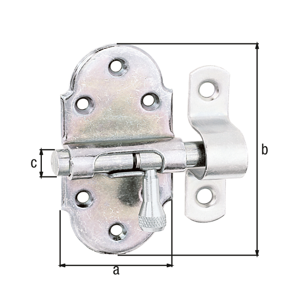 Grendelriegel mit Messing-Knopf, mit Feder, mit versenkten Schraublöchern, Material: Stahl roh, Oberfläche: galvanisch verzinkt, Dickschichtschutz, mit befestigter Schlaufe, Plattenlänge: 40 mm, Plattenbreite: 75 mm, Bolzen-Ø: 9 mm, Schlaufenbreite: 13 mm, Schlaufenlänge: 52 mm, Gesamtlänge: 60 mm, Anzahl Löcher: 8, Loch: Ø4,2 mm