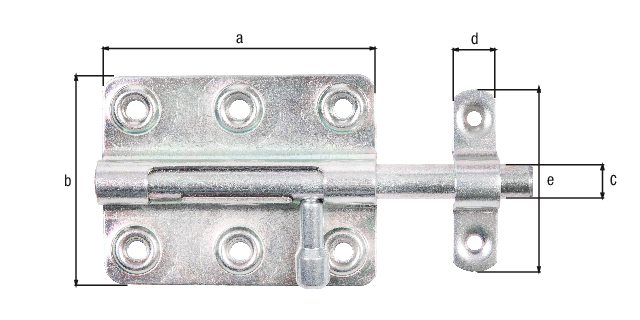 Verrou de box bouton, avec trous de vis fraisés, Matériau: Acier brut, Finition: galvanisée passivée, avec gâche attachée, Longueur de platine: 80 mm, Largeur de platine: 59 mm, Boulon-Ø: 10 mm, Largeur de gâche: 16 mm, Longueur de gâche: 58 mm, Longueur totale: 125 mm, Nombre de trous: 6 / 2, Trou: Ø5,3 / Ø4,2 mm