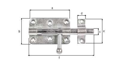 Bolzen-Schlossriegel mit rundem Griff, mit versenkten Schraublöchern, Material: Stahl roh, Oberfläche: galvanisch verzinkt, Dickschichtschutz, mit befestigter Schlaufe, Plattenlänge: 99 mm, Plattenbreite: 68 mm, Bolzen-Ø: 15 mm, Schlaufenbreite: 20 mm, Schlaufenlänge: 58 mm, Gesamtlänge: 140 mm, Anzahl Löcher: 4 / 2 / 2, Loch: Ø4,4 / Ø5 / 5 x 5 mm