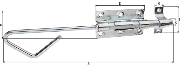 Tower drop bolt, with countersunk screw holes, Material: raw steel, Surface: galvanised, thick-film passivated, type: straight, with attached staple, Length: 320 mm, Plate length: 100 mm, Plate width: 60 mm, Bolt-Ø: 16 mm, Loop width: 20 mm, Loop length: 58 mm, No. of holes: 4 / 2 / 2, Hole: Ø4 / Ø5 / 5 x 5 mm Tower drop bolt, with countersunk screw holes, Material: raw steel, Surface: galvanised, thick-film passivated, type: straight, with attached staple, Length: 320 mm, Plate length: 100 mm, Plate width: 60 mm, Bolt-Ø: 16 mm, Loop width: 20 mm, Loop length: 58 mm, No. of holes: 4 / 2 / 2, Hole: Ø4 / Ø5 / 5 x 5 mm